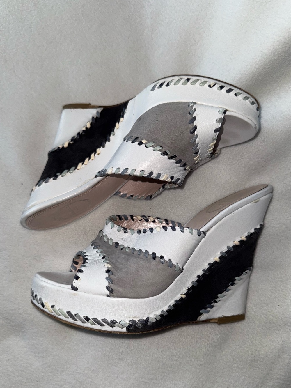 EMILIO PUCCI White, Grey, Black Leather & Suede Whipstitch Platform Wedges Sz 39